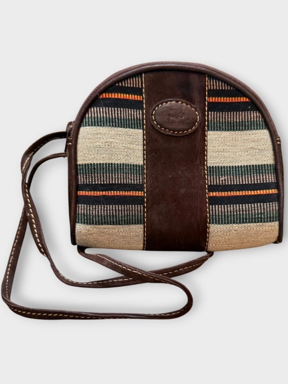 Vintage Suede and Woven Striped Fabric Purse Crescent Half Moon Shape